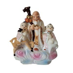 Vintage ShouXing God of Immorality Statue with Deer, Crane and 2 Children